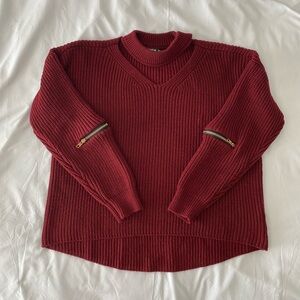 Maroon Open Knit Choker Neck Sweater With Zippers
